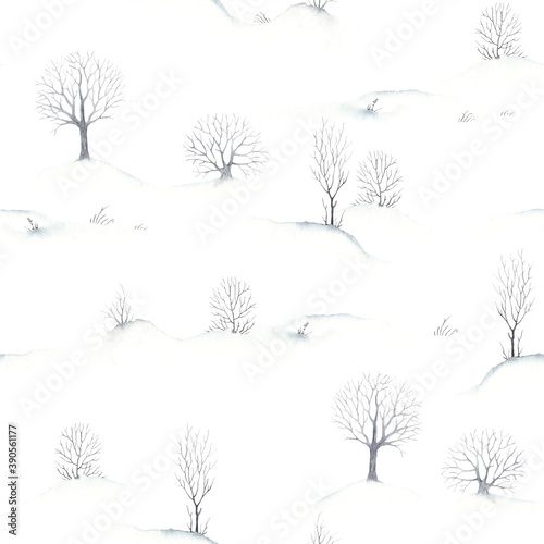 Watercolor winter landscape, seamless pattern on white background, scenery with trees and snow. Nature illustration for Christmas, wrapping paper or decoration.