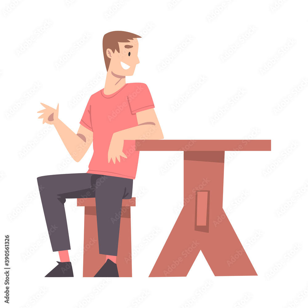 Smiling Man Sitting at Table in Cafe Outdoors, Drinking Coffee and Relaxing Cartoon Style Vector Illustration