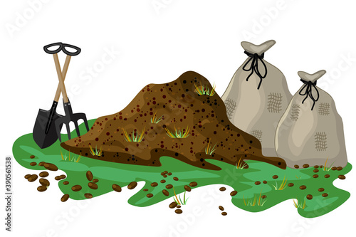 Pile of soil isolated on white background. Hayfork and shovel in a pile of ground. Heap of substrate,humus,fertilizer,compost and bag for soil. Hill of earth or dirt.Bunch of manure.Zero waste. Vector