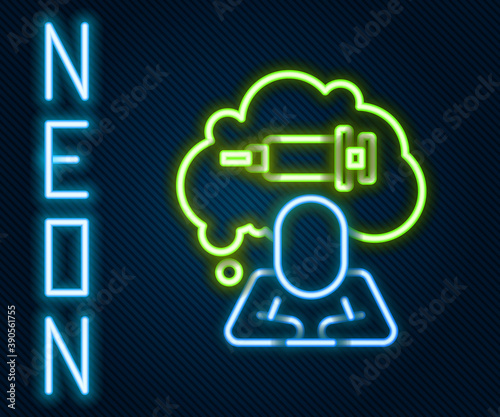 Glowing neon line Addiction to the drug icon isolated on black background. Heroin, narcotic, addiction, illegal. Sick junkie with a syringe and medical pills. Colorful outline concept. Vector.