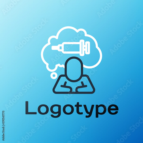 Line Addiction to the drug icon isolated on blue background. Heroin, narcotic, addiction, illegal. Sick junkie with a syringe and medical pills. Colorful outline concept. Vector.