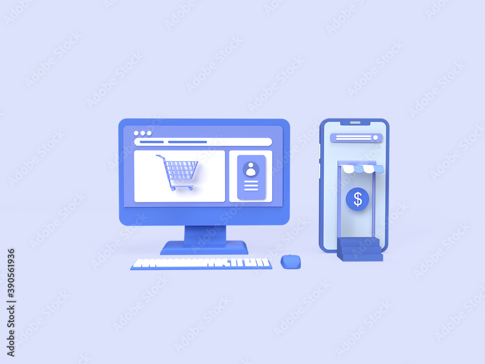 3d online shop concept with personal computer, smartphone image and blue background color concept rendered Premium Photo 3d online shop concept with personal computer, smartphone image and blue background color concept rendered Premium Photo