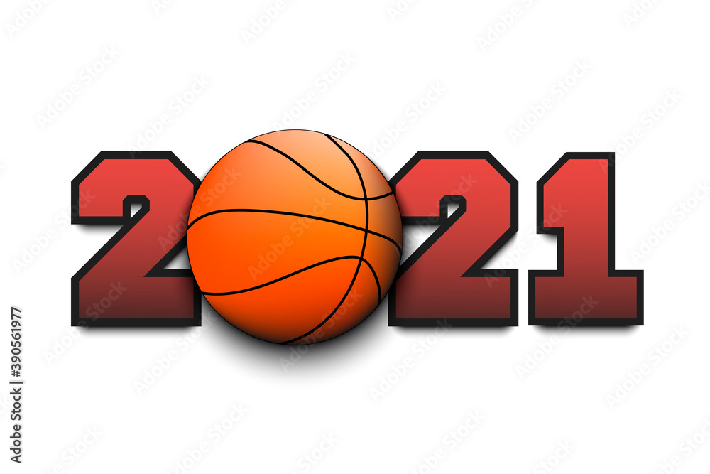 New Year numbers 2021 and basketball ball on an isolated background. Creative design pattern for greeting card, banner, poster, flyer, party invitation, calendar. Vector illustration