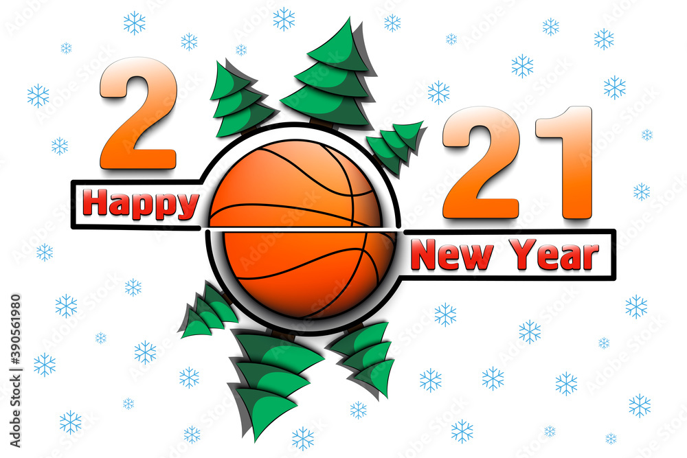 Happy new year 2021 and basketball ball with Christmas trees on an snowflakes background. Creative design pattern for greeting card, banner, poster, flyer, party invitation. Vector illustration