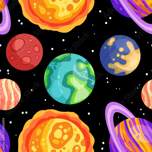 Planets, stars and satellites on a starry sky space seamless pattern background. Solar system outer space planets children wallpaper texture tile. Vector stock image