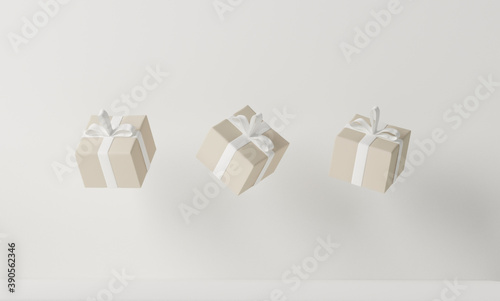 Winter abstract design minimal creative concept. Many flying beige gift box on white background. Copy space text area. 3D rendering illustration.
