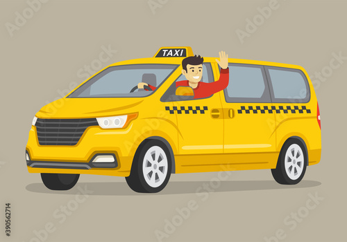 Happy young male driver leaning out of the van taxi window. Man sitting in a car on driver's place and raising his hand. Flat vector illustration template.