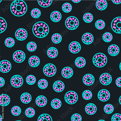 Line Donut with sweet glaze icon isolated seamless pattern on black background. Vector.