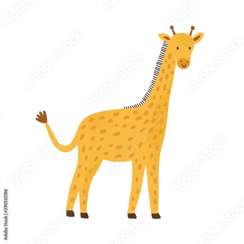 Smiling funny giraffe in simple scandinavian childish style. Cute african savannah animal isolated on white background. Flat vector cartoon textured illustration