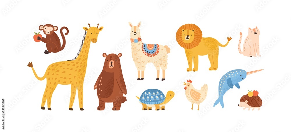 Obraz premium Set of funny childish scandinavian zoo animals isolated on white. Collection of cute domestic, wild, marine and forest animal characters. Vector illustration in flat cartoon style