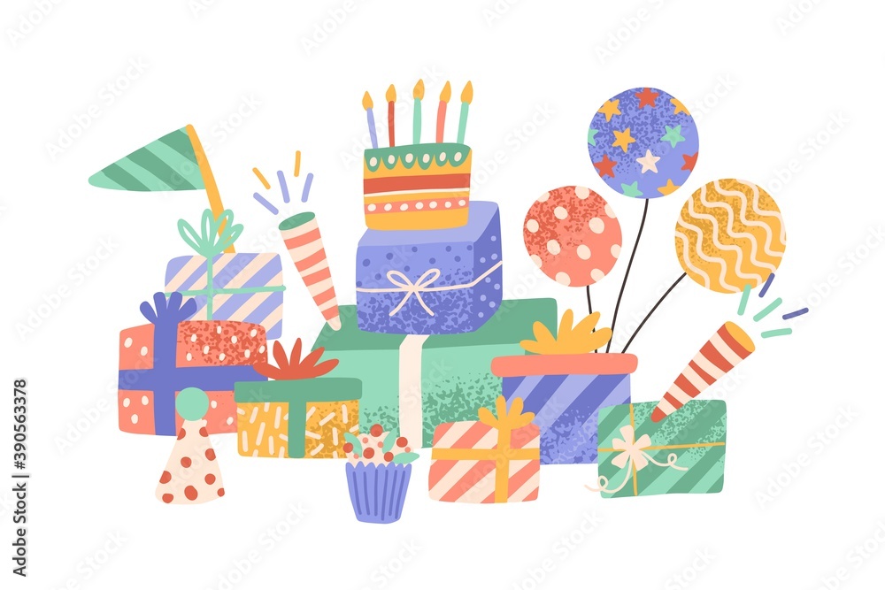 Textured composition with gift boxes, festive cake with candles and bright holiday decorations. Birthday card with a pile of presents. Flat vector cartoon isolated illustration