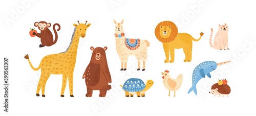Canvas Set of funny childish scandinavian zoo animals isolated on white