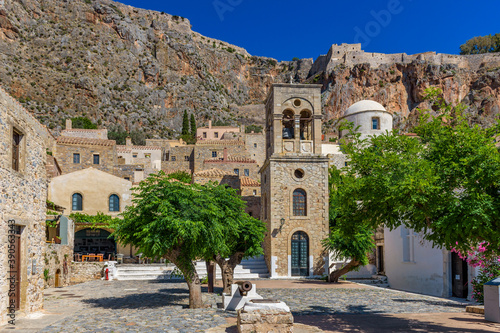 Traditional architecture with the  bell tower of Elcomenos Christos in the main square  of the medieval  castle of Monemvasia  Lakonia  Peloponnese  Greece