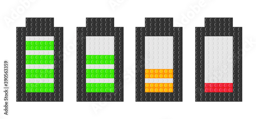 Set of battery icons with different charge levels on white background. Battery indicator with brick blocks toy. Vector illustration isolated on white background.