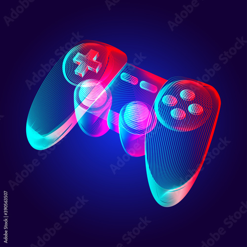 Gamepad - abstract retro game console controller. Outline vector illustration of wireless video game joystick in 3d line art style on neon abstract background