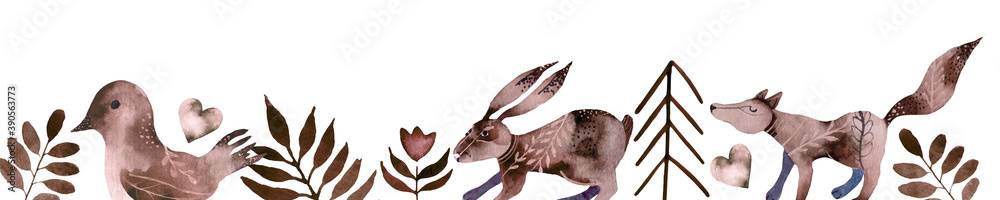 Fototapeta premium Scandinavian style design element for nursery. Forest animals collection with lettering element.