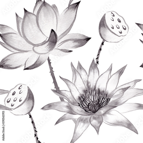 Watercolor sumie lotus flowers seamless pattern photo