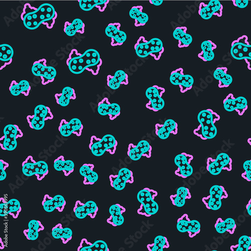 Line Sponge with bubbles icon isolated seamless pattern on black background. Wisp of bast for washing dishes. Cleaning service logo. Vector.