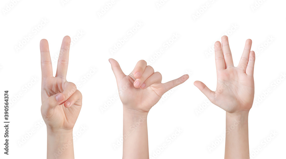 Girl hand making palm and finger up and finger gesture symbol, isolated on white background with clipping path included. Girl hand making palm and finger up and finger gesture symbol, isolated on white background with clipping path included.