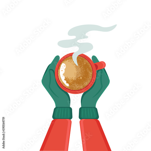 Two hands holding a cup of hot drink. Hands in mittens holding a cup of hot tea or coffee.