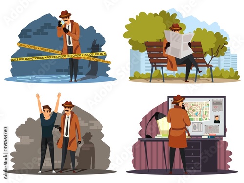 Spy doing crime investigation set. Sleuth searching man and evidence. Police detective work vector illustration. Inspector looking at muder scene, following with newspaper, catching, planning