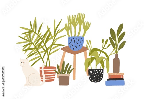Hygge composition of hand drawn houseplant in flowerpots. Cozy scene with funny cat sitting near potted plants. Flat vector cartoon childish illustration isolated on white