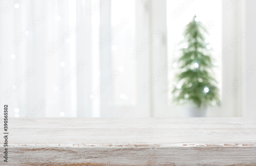 Empty vintage wood table in front of blurred holiday background - obrazy, fototapety, plakaty 