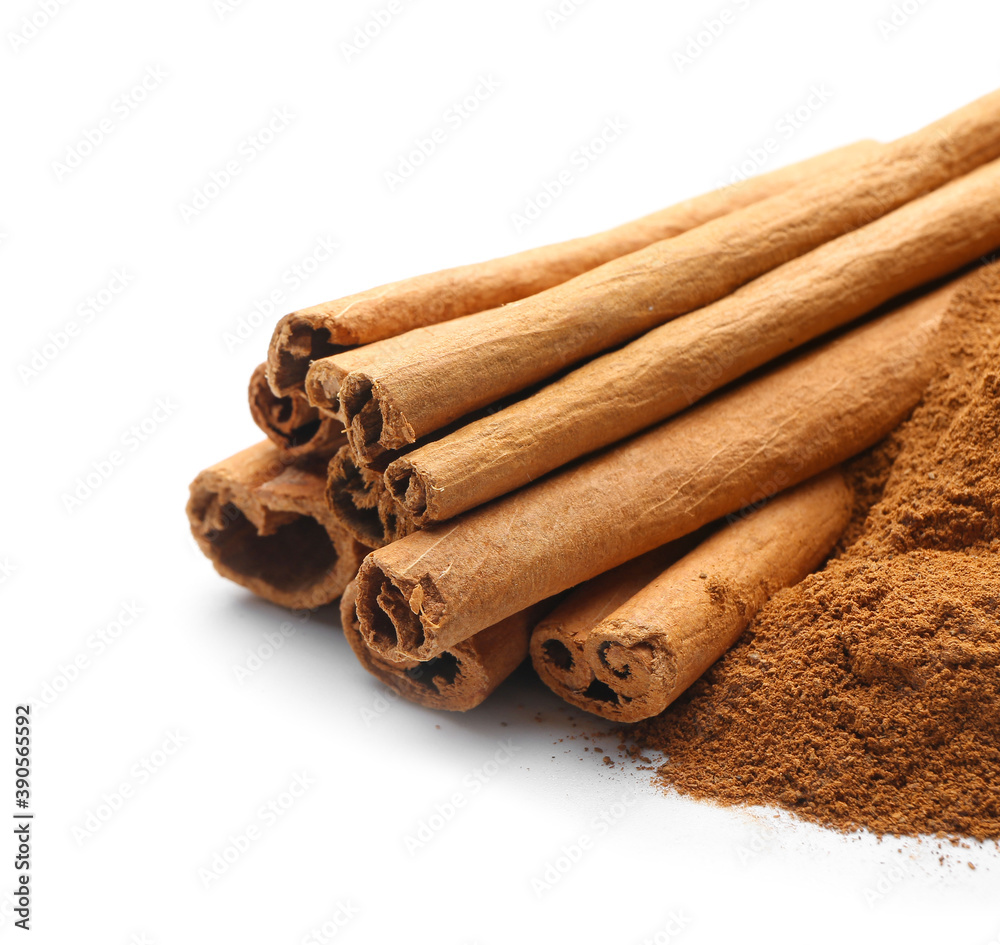 Cinnamon sticks and powder on white background, closeup Cinnamon sticks and powder on white background, closeup