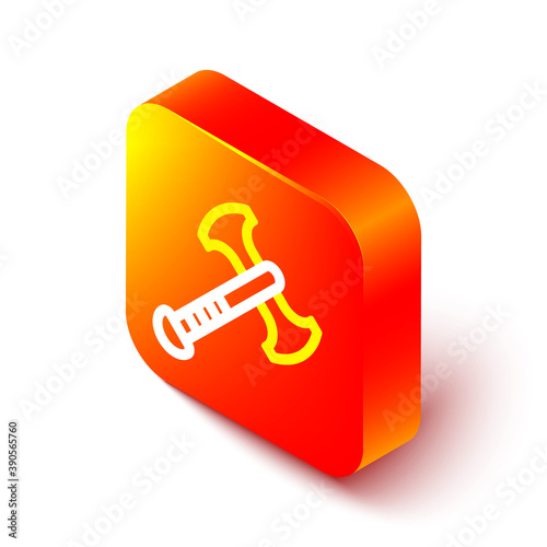 Isometric line War axe icon isolated on white background. Battle axe, executioner axe. Medieval weapon. Orange square button. Vector.