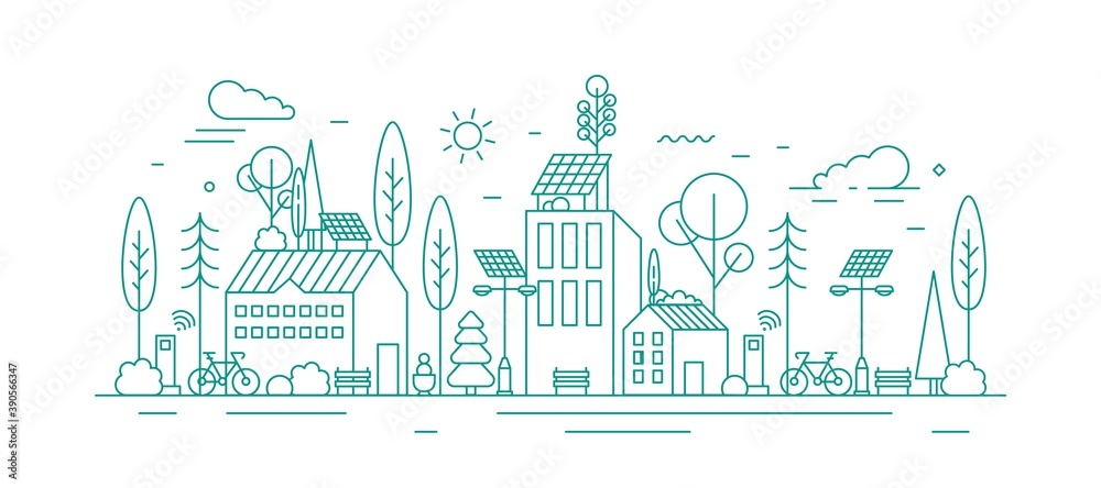 Monochrome vector line art illustration of eco city using alternative energy. Modern environmentally friendly town landscape with ecological infrastructure and solar panels.