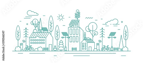 Fototapeta Naklejka Na Ścianę i Meble -  Monochrome vector line art illustration of eco city using alternative energy. Modern environmentally friendly town landscape with ecological infrastructure and solar panels.
