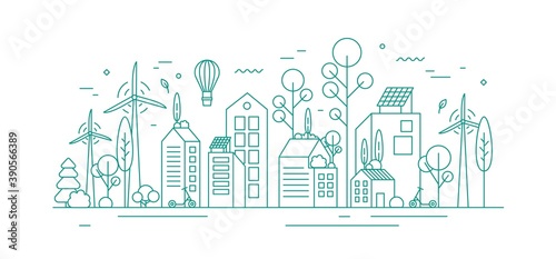 Modern environmentally friendly city with ecological infrastructure, roof greening, solar panels and windmills. Monochrome vector lineart illustration of eco cityscape with alternative energy