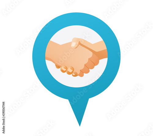 Partners hands shake marker icon, partnership success deal handshake map pin pointer vector flat cartoon logo idea, concept of meeting place office location point sign