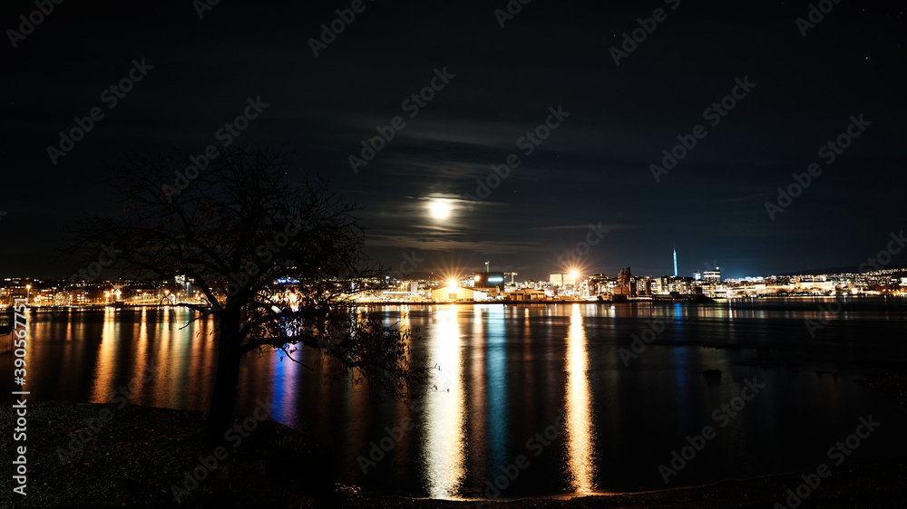 Night scape of Oslo, Norway. Shot from Bygdøy at the Fram museum. 
