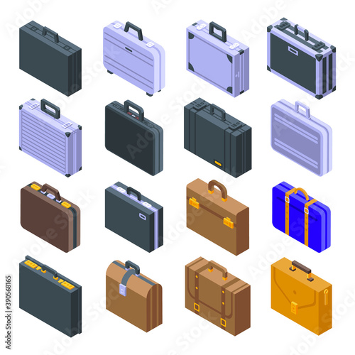 Briefcase icons set. Isometric set of briefcase vector icons for web design isolated on white background