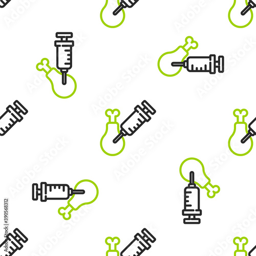 Line Gmo research chicken icon isolated seamless pattern on white background. Syringe being injected to chicken. Vector.