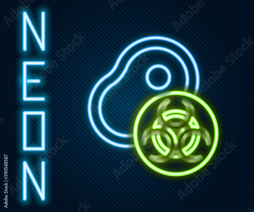 Glowing neon line Genetically modified meat icon isolated on black background. Syringe being injected to meat. Colorful outline concept. Vector.