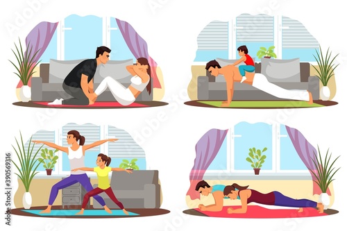 People exercising at home set. Healthy sport workout for health indoor vector illustration. Young man and woman training, mother with daughter, father with kid doing gymnastics