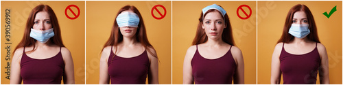 Obraz na plátne humorous instruction collage on how to wear a protective face mask - young woman