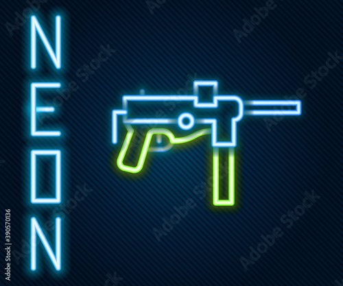 Glowing neon line Submachine gun M3, Grease gun icon isolated on black background. Colorful outline concept. Vector. photo