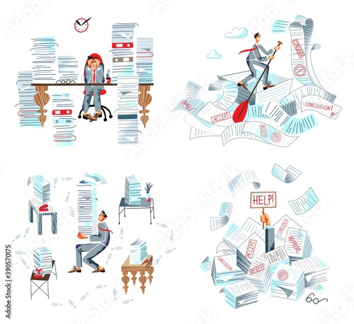 Office bureaucracy and paperwork in business set. Paper, document and binder overload vector illustration. Frustrated tired busy man sitting in piles and stacks of messy clutter