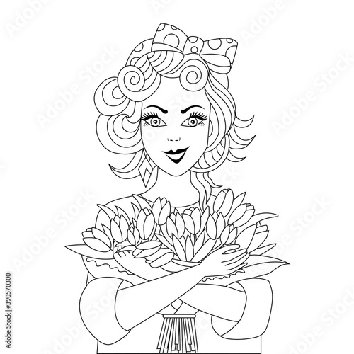 Beautiful girl with a bouquet of spring flowers romantic background- vector illustration