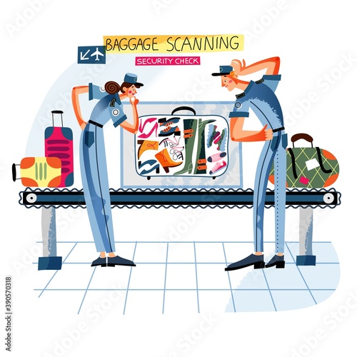 Airport security check, baggage scanning. Male and female police officers doing luggage scan on conveyor belt, travel control at arrival or departure. Airplane guard inspection vector illustration
