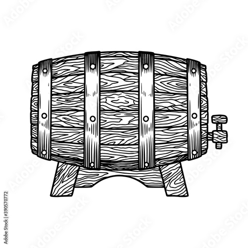Illustration of wooden whiskey barrel in engraving style. Design element for poster, card, banner, menu. Vector illustration