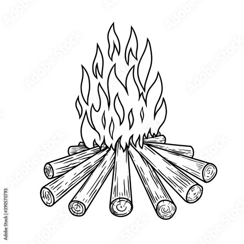Illustration of campfire in engraving style. Design element for poster, card, banner, menu. Vector illustration