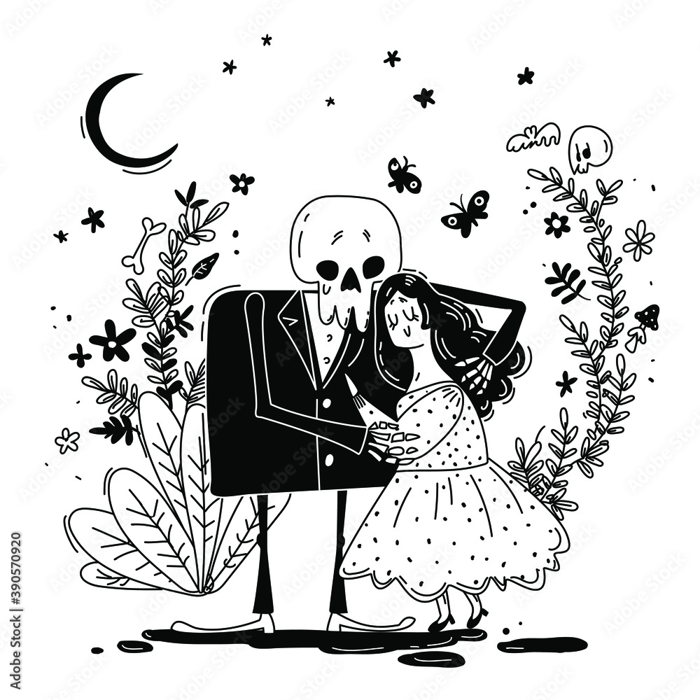 Young cute girl and skeleton tender hugging. Bride and groom with 