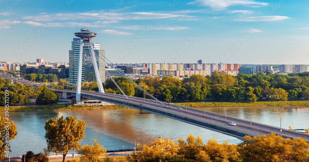 Sunrise on Bridge SNP and UFO tower view point over Danube river in Bratislava city, Slovakia