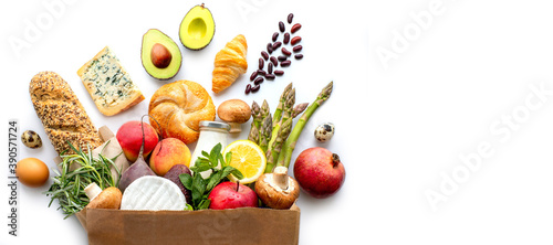 Proper nutrition. Healthy eating. Healthy food paper bag. healthy food background. supermarket food concept. shopping in the supermarket. home delivery. Food delivery. Supermarket. Grocery shopping
