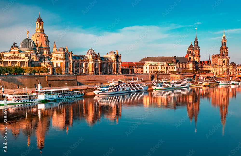 Amazing Dresden city skyline at Elbe river and Augustus bridge at sunrise, Dresden, Saxony, Germany