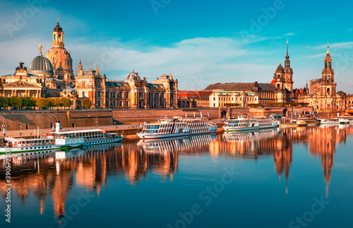 Amazing Dresden city skyline at Elbe river and Augustus bridge at sunrise, Dresden, Saxony, Germany